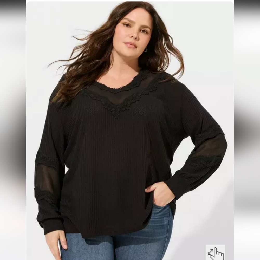 Waffle V-Neck Long Sleeve Mesh Inset Sweatshirt